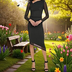 Witchy Mesh Bodycon Dress M Sheer Overlay Ruched Asymmetric Sexy Vamp Whimsigoth